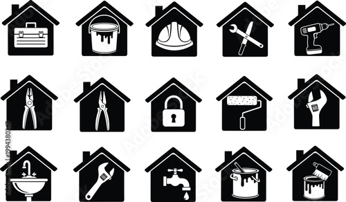 Set of house icons with tools and hardware for repair service or home renovation business vector.