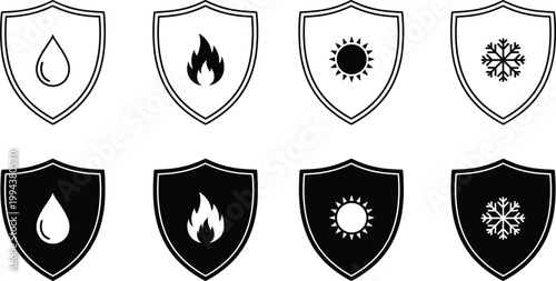 Shield protection icons for water, fire, sun, and snow, both outlined and solid filled versions for design.