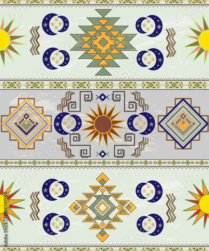 Vibrant Celestial Tribal Pattern with Sun and Starry Moon Motifs
