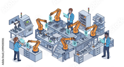 Isometric illustration showing a diverse team overseeing automotive electronics production, with industrial robot arms performing assembly line tasks on a manufacturing floor in a vector