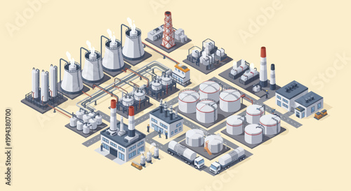 Isometric Industrial Complex with Storage Tanks and Manufacturing Facilities.