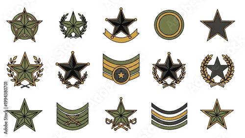 Military insignia and badges on display on white background