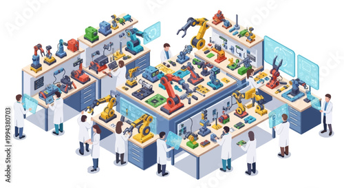 Isometric illustration of engineers in a robotics engineering facility, overseeing the assembly of manufacturing robots and industrial robot arms in a bright, clean world
