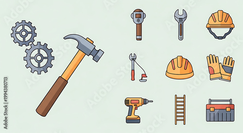 Construction tools, icons, equipment set, industrial symbols