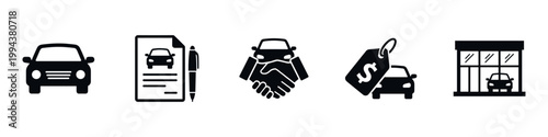 Car dealership and auto sales icon set with handshake, contract, price tag, and showroom symbols, black silhouettes isolated on white background. Vector Illustration.	
