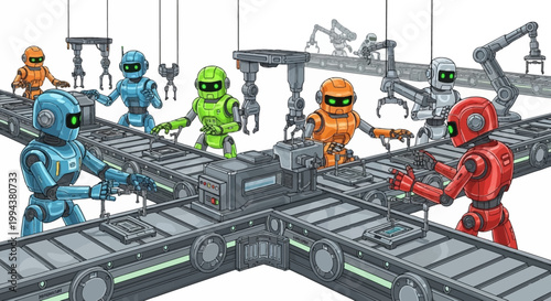 A vector illustration shows colorful robot characters working in an automotive factory on an assembly line, using manufacturing robots for production, with a light and airy background