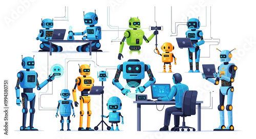 Conceptual vector illustration of diverse robotic characters interacting with technology and each other, set against a clean white background in a flat, cartoon style that conveys a sense
