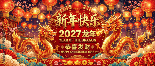 Happy Chinese New Year 2027 year of the dragon festive banner with lanterns and firecrackers.
