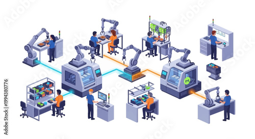 Isometric illustration showing people overseeing industrial robot assembly in an automotive electronics factory with robotic arms performing tasks, conveyed with a clean, modern design