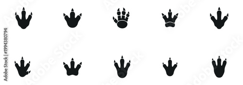 Dinosaur footprint icon set with various prehistoric reptile tracks and bird claws, black silhouettes isolated on white background. Vector Illustration.	
