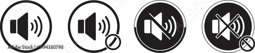 Speaker volume control icons set featuring sound on mute and disabled modes within circular frames for user interface.
