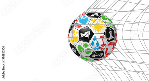 Colorful soccer ball with various icons