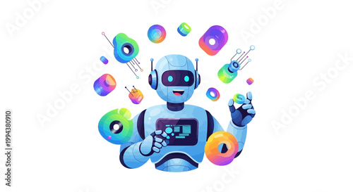 A cheerful robot character in a vector illustration manipulates colorful abstract shapes, exhibiting robotics engineering in a playful way, set against a clean white background