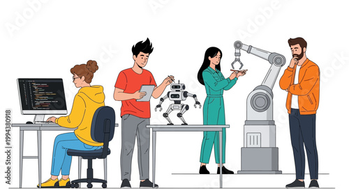 A team of engineers is depicted in a vector illustration, assembling robots and writing code in a bright, modern workspace, showcasing efficiency and production with a clean, minimalist
