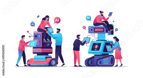 Vibrant illustration depicting teams of people collaborating on robot assembly, showcasing efficiency in production and robotics engineering with a bright color palette against a clean