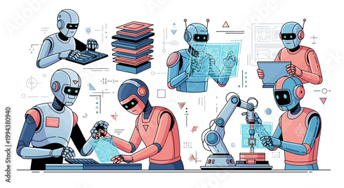 An illustration showcasing various robotics engineering tasks, featuring characters assembling components with an industrial robot arm and operating machinery, set against a clean white