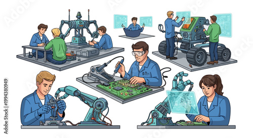 An illustration depicts various people assembling robots and electronics in a bright and efficient production setting, with a vector art style showcasing the intricate details of robotic