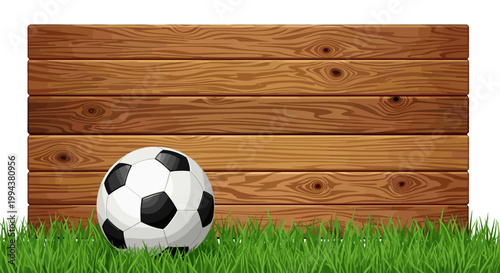 Soccer ball resting on grass in front of wooden fence