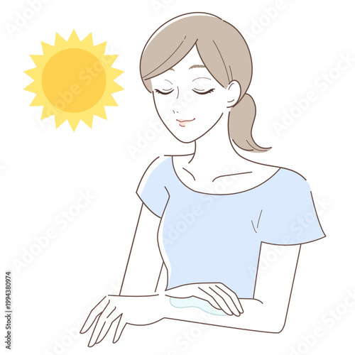 紫外線から肌を守るために腕に日焼け止めを塗る女性のイラスト（日焼け防止・保護）