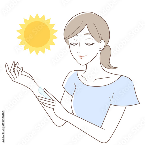 紫外線から肌を守るために腕の裏にも日焼け止めを塗る女性のイラスト（UVケア・スキンケア手順）