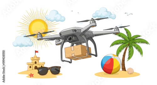 Drone carrying package flying over tropical beach scene