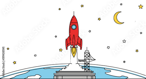 Cartoon rocket launching into space with stars and moon
