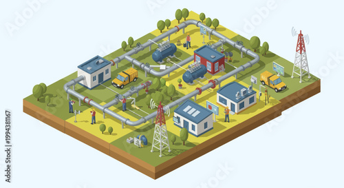 Isometric Industrial Landscape with Factories and Pipelines.