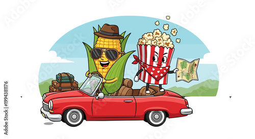 Cartoon corn character driving a red convertible car