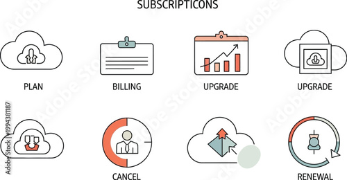 Subscription icons demonstrate cloud billing plans and renewal service.