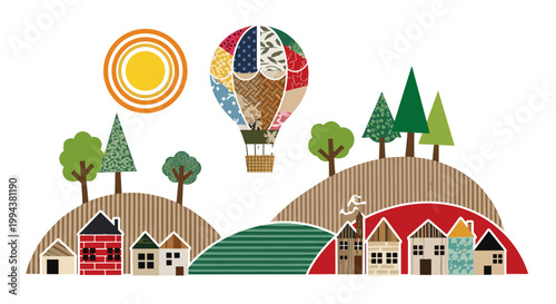 Colorful landscape with houses trees and hot air balloon