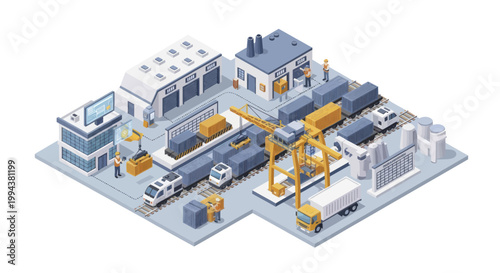 Isometric Industrial Logistics Hub with Trains Trucks and Cranes.