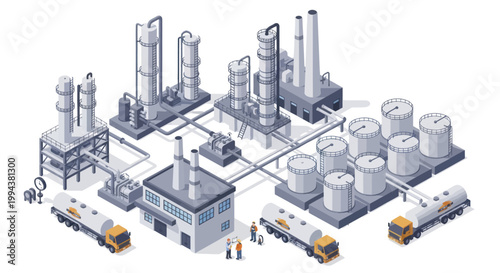Isometric Industrial Oil Refinery Plant with Storage Tanks and Trucks.