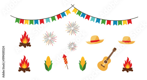 Colorful celebration decorations with campfire and guitar