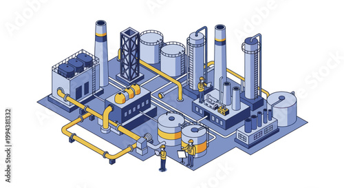 Isometric Industrial Plant with Storage Tanks and Pipelines.