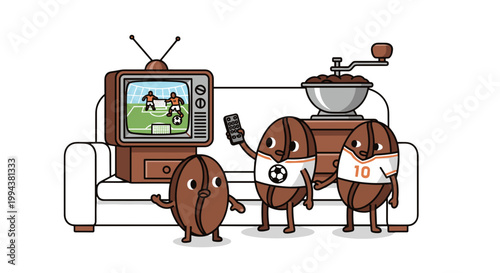 Funny Coffee Bean Characters Watching Television