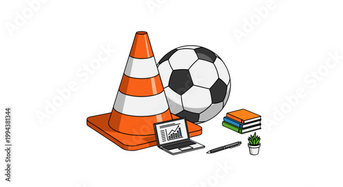 Soccer training equipment with cone and ball on field