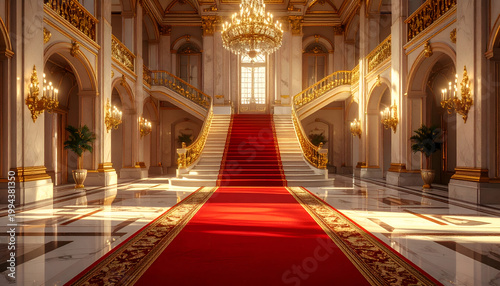 A grand and opulent interior showcases a sweeping staircase adorned with a vibrant red carpet, illuminated by a dazzling chandelier and elegant wall sconces, creating a sense of luxury and grandeur.