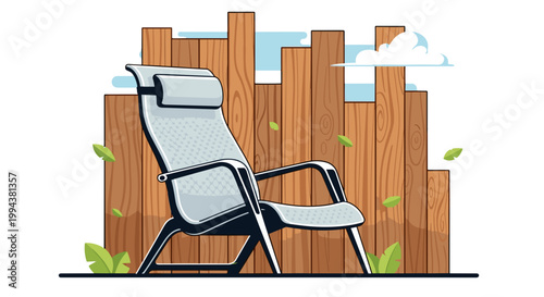 Relaxing outdoor scene with lounge chair and wooden fence