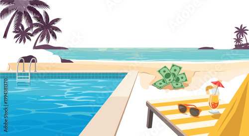 Relaxing poolside scene with lounge chair and tropical view