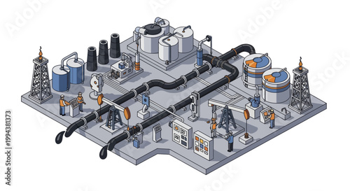 Isometric Industrial Plant with Storage Tanks and Pipelines.