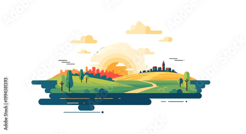 Scenic landscape with rolling hills and sunrise view