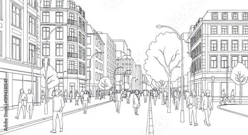 City street scene with buildings and pedestrians