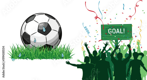 Soccer game celebration with cheering fans and goal