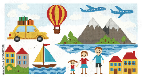 Colorful travel and adventure scene with family and vehicles