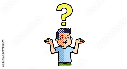 Cartoon boy with confused expression and question mark