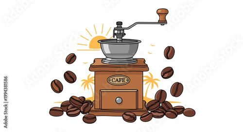 Vintage coffee grinder with beans on a wooden table