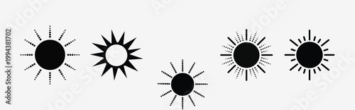 A collection of five different sun symbols in black and white Vector, EPS