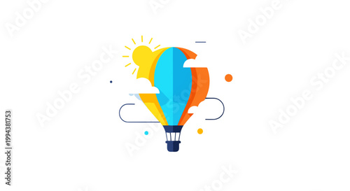 Colorful hot air balloon floating in sky with sun