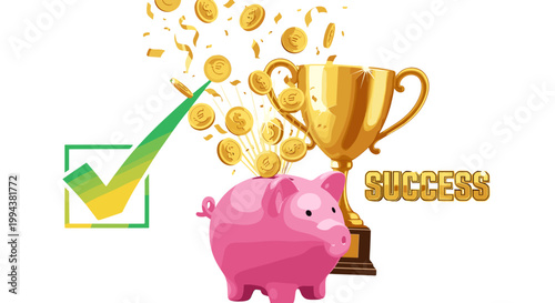 Piggy Bank with Trophy and Falling Gold Coins