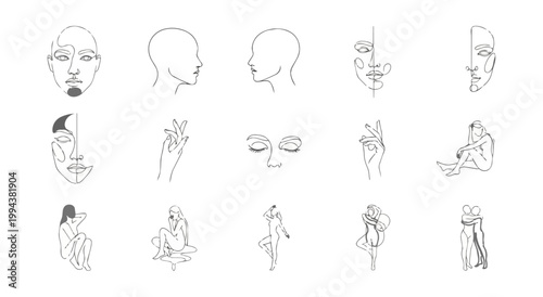 Abstract line art figure studies on black background
